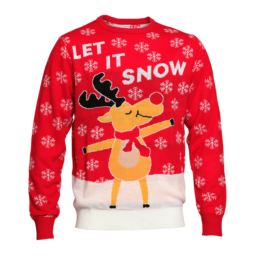 En rød julesweater med Rudolf og citatet